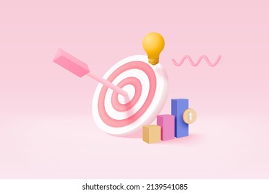 3d minimal excellent business idea goals. Leadership for successful  under creative concept in pastel background. 3d arrow hit center of target vector render on isolated pink background