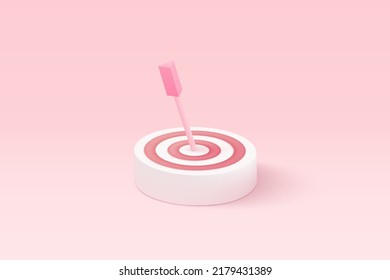 3d minimal excellent business idea goals. Leadership for successful  under creative concept in pastel background. 3d arrow hit center of target vector render on isolated pink background