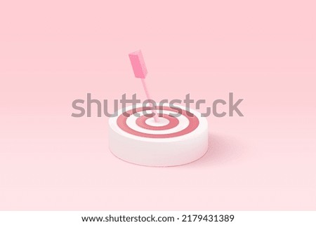 3d minimal excellent business idea goals. Leadership for successful  under creative concept in pastel background. 3d arrow hit center of target vector render on isolated pink background