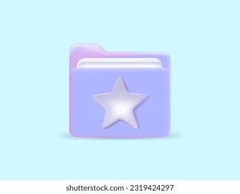 3d minimal folder with files, cartoon style, paper icon. File management concept.