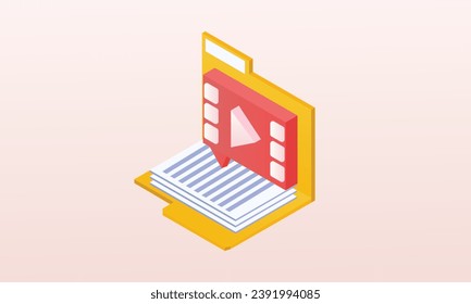 3d minimal folder and paper for management multimedia file, document efficient work on project plan concept. Image and video document minimal folder icon.on pastel pink background.