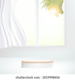 3d Minimal geometric podium under sunlight. illustration vector with palm leaves, curtain.