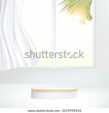 3d Minimal geometric podium under sunlight. illustration vector with palm leaves, curtain.