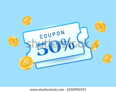 3d minimal gift voucher cashback cards with coupon code, percentage off, golden coins flying around, isolated on background. Discount coupon template in 3d vector illustration 