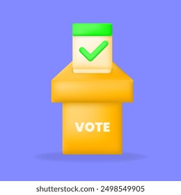 3d minimal illustration voting box with the word "VOTE" and a ballot with a green checkmark. represents voting, elections, and democratic participation.