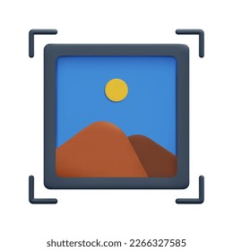3d minimal Image Gallery icon vector. Image, photo, jpg file. Mountains and sun landscape. Picture in a frame. 3d Photography concept. Isolated on white background. 3d icon vector render illustration.
