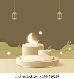 3d Minimal Islamic Podium for Ramadan Banner with luminous crescent, stars, traditional lamp, lantern. Earthy pastel color