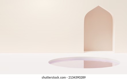 3d minimal ivory white scene design with Islamic arch door and circle water pond. Suitable for product display