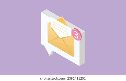 3d minimal mail envelope icon with notification new message. Minimal 3d email letter with notification red bubble unread icon.on pastel purple background.