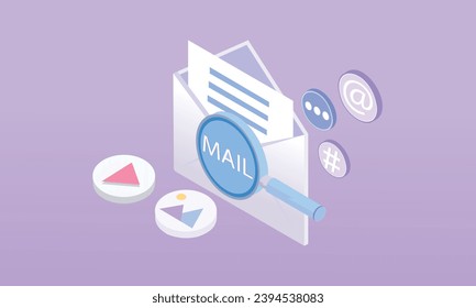 3d minimal mail envelope icon with magnifying image and video files in message. Minimal Searching email letter with document paper icon.on pastel background
