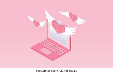 3d minimal mail envelope icon with red heart notification new message. Minimal email letter with pop up speech icon on laptop. Happy valentine day message in love.on pastel background