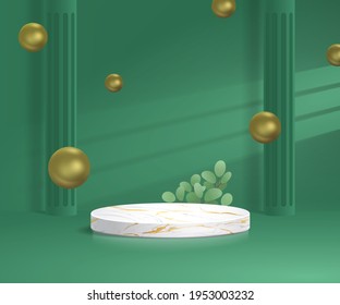 3d minimal marble podium in green background with gold, leaf, spherical gold, pilar, window shadow, light. Pedestal, stage, base vector