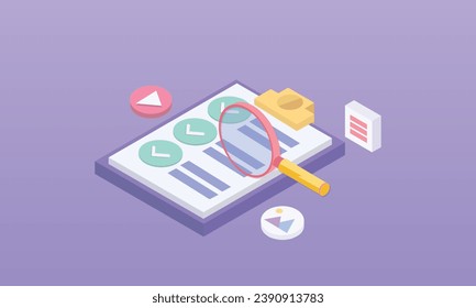 3d minimal media file document management. Searching image and video content files icon. Document management, document flow app, compound docs 3d concept.on pastel purple background.