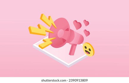 3d minimal megaphone speaker for announce romantic valentine composition. Valentine's Day decorative 3d objects, heart and love emoji sound icon.on pastel pink background.isometric vector design.