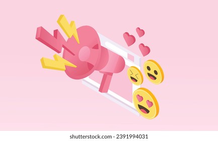 3d minimaler Megaphonlautsprecher für die Ankündigung einer romantischen Valentinkomposition. Valentinstag dekorative 3D Objekte, Herz und Liebe Emoji Soundsymbol.auf pastellrosa Hintergrund.