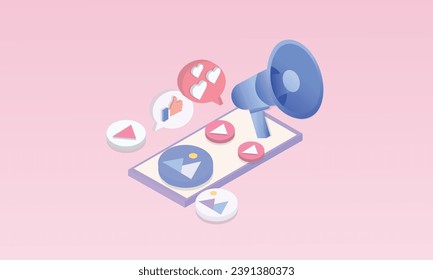 3d minimaler Megaphonlautsprecher oder Lautsprecher-Bullhorn für Ankündigung Werbung, Megaphon-Lautsprecher mit 3D-Handy und sozialen Medien, Lautsprecher.auf pastellrosa Hintergrund.