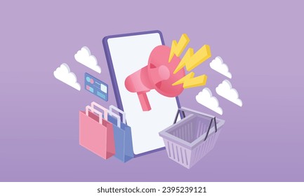 3d minimal megaphone speaker or loudspeaker bullhorn for announce promotion, megaphone loudhailer with mobile and shopping on smartphone .on pastel background