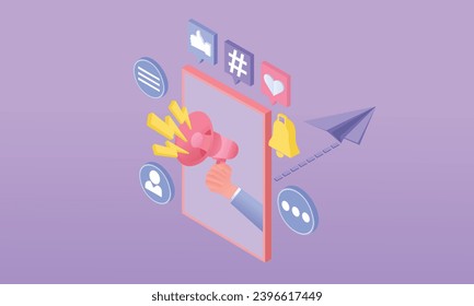 3d minimal mobile phone frame, hand holding a loudspeaker, notifications on speech bubbles, icon and comment, hearts, hashtag. social media advertising and promotion concept.on pastel background