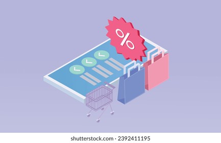 3d minimal mobile phone with price tags for online shopping concept. Basket with promotion tag discount coupon of cash for future, special offer promotion.on pastel purple background.