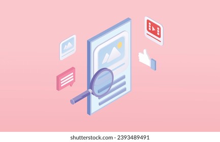 3d minimal mobile phone with social icon, Searching image and video files in database concept, document management. showcase 3d minimal magnifying with device smartphone.on pastel pink background.