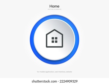 3D minimal modern home, homepage, base, main page, house push button icon emblem symbol, sign. 3d blue home icon. Mobile app icons. Device UI UX mockup. Isolated vector elements.