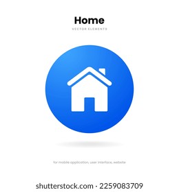 3d minimal modern home, homepage, base, main page, house push button icon emblem symbol, sign. 3d blue home icon. Mobile app icons. Device UI UX mockup. Isolated vector elements.