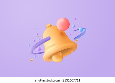 3D minimal notification bell icon with 3d objects floating for subscribe. new alert notification and subscribe concept for social media element. 3d bell alarm vector rendering on purple background