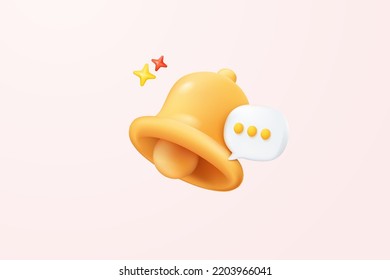 3D minimal notification bell icon with bubble speech floating around on pastel background. new alert 3d concept for social media element. 3d bell call alarm icon for message vector render illustration