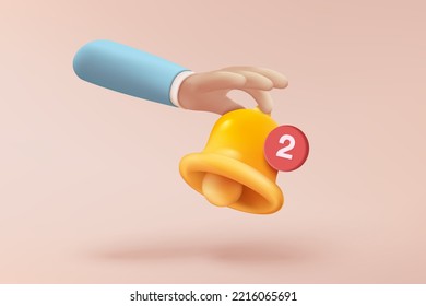 3D minimal notification bell icon with business holding hand on pastel background. new alert concept for social media element. 3d bell alarm icon for message vector render illustration