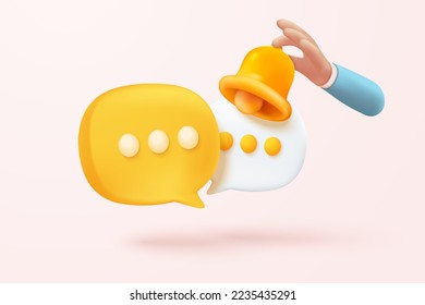 3D minimal notification bell icon with bubble speech floating around on pastel background. new alert concept for social media element. 3d bell alarm icon for message vector render illustration