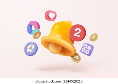 3D minimal notification bell icon with bubble speech floating around on pastel background. new alert concept for social media element. 3d bell alarm icon for message vector render illustration