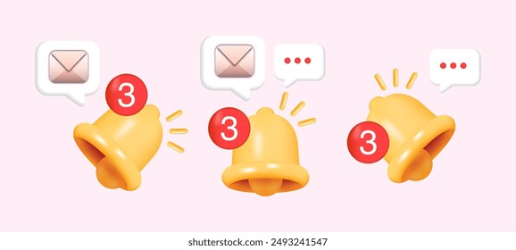 Icono de timbre de notificación mínima 3D con diálogo flotante de chat, mensajes y bandeja de entrada. Nuevo concepto de alerta de medios sociales sobre fondo pastel de Ilustración vectorial 3D.