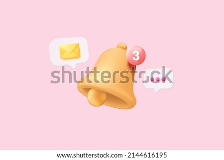 3D minimal notification bell icon with color objects floating around on pastel background. new alert concept for social media element. 3d bell alarm vector render isolated on pastel background