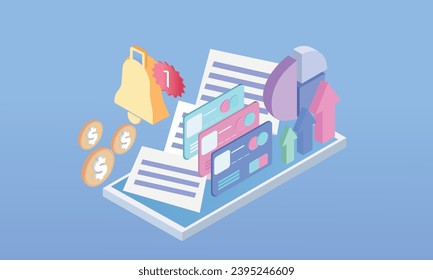 3d minimal Notification bell online payments credit card with coin and bill floating on smartphone blank white screen transaction concept. pay money Internet banking.on pastel background