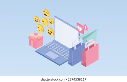 3d minimale Online-Shopping, schwimmendes Laptop, Geschenkbox, Einkaufstasche und Elemente. Sicheres Online-Shopping-Konzept.auf pastellfarbenem Hintergrund