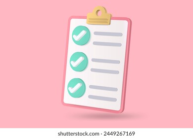 3d minimal paper clipboard task management todo checklist, fast work on project plan, level up concept, fast progress, exam paper checklist icon.on pastel pink background.