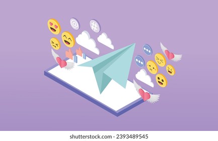 Icono de 3d de plano de papel mínimo para enviar un avión de correo electrónico en el teléfono móvil en mano de negocios. 3 d e-mail enviado al marketing de medios sociales. Suscripción telefónica al boletín.sobre fondo púrpura pastel.
