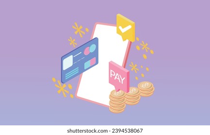 3d pago mínimo con teléfono móvil, concepto de icono de pago en línea de banca. Botón de pago en transacción de smartphone con tarjeta de crédito. 3d móvil con recibos de facturas financieras.en fondo pastel