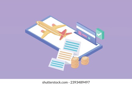 3d minimal payment ticket for flight airplane online with credit card via mobile phone, tourism and travel planning via credit card. 3d travel booking service. on pastel purple background.