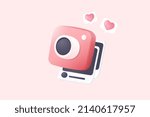 3d minimal photo camera and frame social media on pastel background with shadow. 3d simple snapshot camera icon concept. Volumetric design for creative photos. Lens isolated vector render illustration