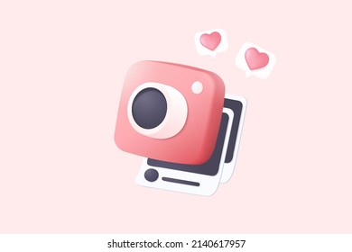 3d minimal photo camera and frame social media on pastel background with shadow. 3d simple snapshot camera icon concept. Volumetric design for creative photos. Lens isolated vector render illustration
