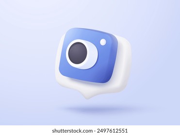 3d minimal photo camera with lens and button on pastel background. simple snapshot camera icon concept. Volumetric multimedia design for creative photos. 3d lens cinema icon vector render illustration