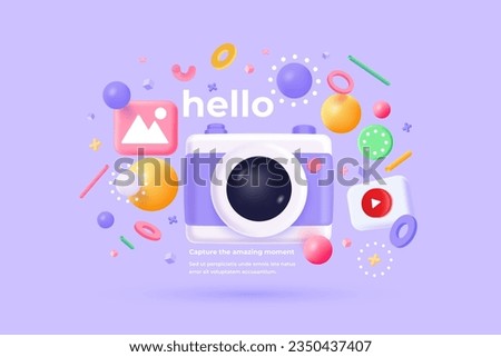 3d minimal photo camera on pastel background with shadow. 3d simple snapshot camera icon concept. Volumetric design for creative photos. Lens isolated. 3d Vector render illustration