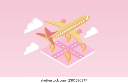 3d minimal pin map with flight plane travel tourism trip planning world tour. Tourism plane trip planning world tour with 3d pin location on holiday summer.on pastel pink background.