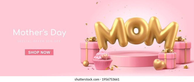 3d minimal pink banner background, suitable for Mother's Day. Mom balloon words float on podium with gift boxes decorated aside.