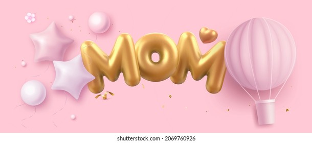 3d minimal pink banner background, suitable for Mother's Day. Mom balloon words float on podium with gift boxes decorated aside.