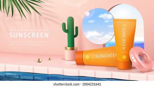 3d Minimal Pink Scene Design For Summer Skincare Products. Realistic Sunscreen Tubes Set Beside Swimming Pool, Decorated With Cactus Pot, Portal And Mirror.