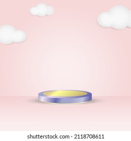 3d minimal podium on pink background and clouds. geometric circle shape purple gold podium texture. for product showcases and advertising mockups. modern templates