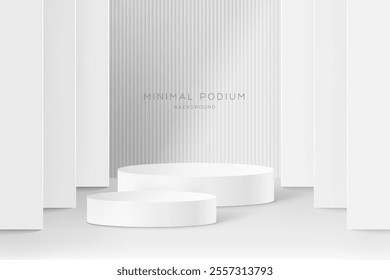 3D Minimal podium room with 2 set of steps realistic pink color cylinder stand podium. Podium wall with studio light for mockup product display.