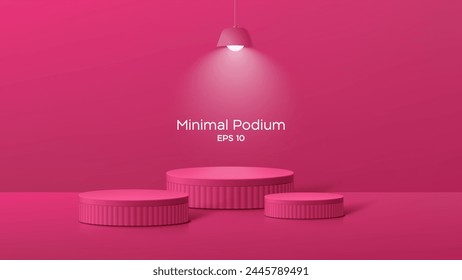 3D Minimal podium room with 3 set of steps realistic pink color cylinder stand podium. Podium wall with studio light for mockup product display.